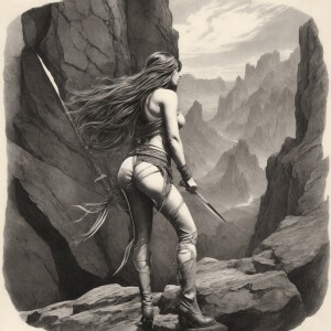 “A highly detailed black-and-white sketch of a woman with long,...