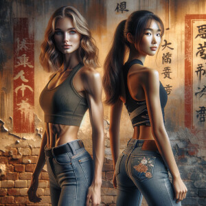 Athletic Thin skinny Attractive, Asian teenage girl, long brown hair and bangs, wearing tight skinny jeans and a halter top paint marks on her clothing, heroic pose Asian graffiti background, backside view