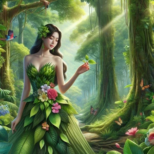 Illustrate a woman standing gracefully in the heart of a lush ra...
