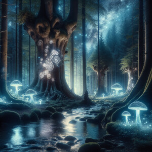 Picture yourself in a tranquil forest illuminated by giant, glow...