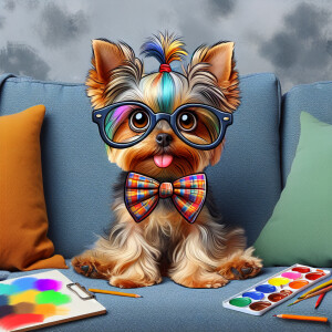 A whimsical caricature of an Yorkshire Terrier sitting on the co...