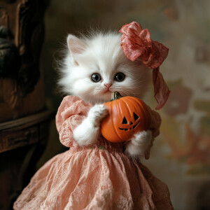white kitten holding a pumpkin doll