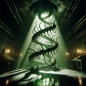 "In a dimly lit laboratory, a grotesque double helix rises, puls...