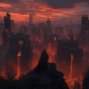 Photorealistic cinematic wide shot of a volcanic city at twiligh...
