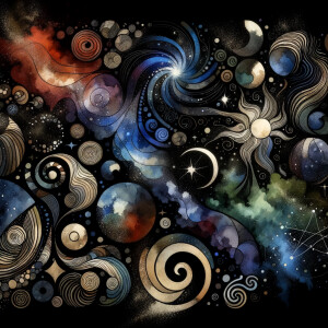 A black background with watercolor designs scattered around, sca...