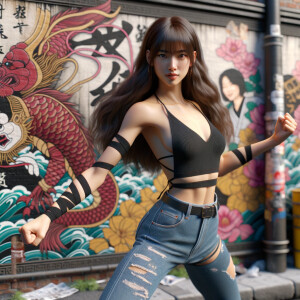 Athletic Thin skinny Attractive, Asian teenage girl, long brown hair and bangs, wearing tight skinny jeans and a halter top paint marks on her clothing, heroic pose Asian graffiti background