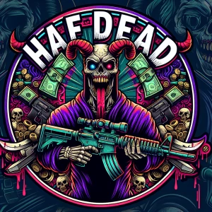 Create a professional, horror-themed circular brand logo featuri...