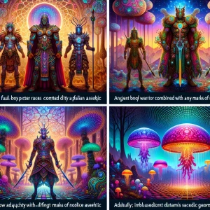 A hyper-detailed psychedelic vertical landscape of a surreal, mi...