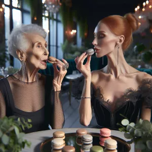 A 45-year-old long ginger-haired woman wearing a chic black ense...