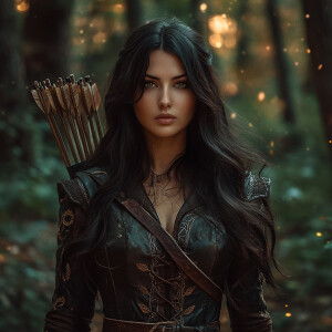 slender woman with long, flowing dark hair dressed in a detailed...