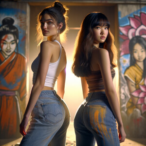 Athletic Thin skinny Attractive, Asian teenage girl, long brown hair and bangs, wearing tight skinny jeans and a halter top paint marks on her clothing, heroic pose Asian graffiti background, backside view