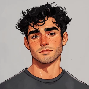 Well done handsome man with black curly hair, short hair, thick...