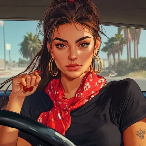 Lucia from GTA, a not pretty girl with brown hair, thick eyebrow...
