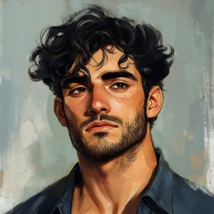 Well done handsome man with black curly hair, short hair, thick...