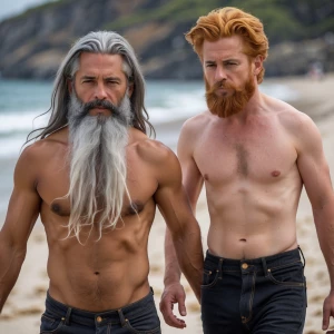 Two shirtless men with one with long gray hair and beards, the other man has ginger hair beard wearing black jeans and walking barefoot on a sandy beach.