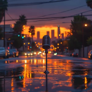 Create an image of a sunset in Los Angeles after a rain shower w...