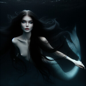 A mermaid with pale skin and cold eyes. Long dark hair. Floating...