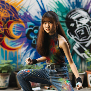 teenage girl, long brown hair and bangs, wearing tight skinny jeans and a halter top paint marks on her clothing, heroic pose Asian graffiti background, nearing on one knee