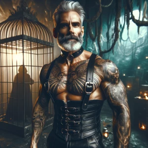Create an image of a muscular 50-year-old man with gray hair and...