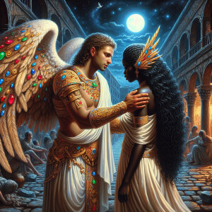 Create an oil painting image featuring a male angel and a grievi...