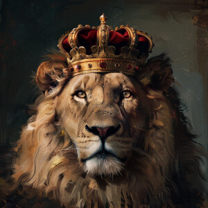 A majestic lion wearing a crown on its head