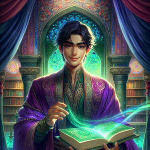 In a secluded chamber, a charismatic young wizard stands proudly...