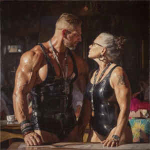 Hyperrealism painting,a muscular sweaty beefy criminal son-in-la...