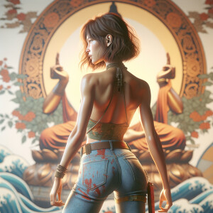 Athletic Thin skinny Attractive, Asian teenage girl, long brown hair and bangs, wearing tight skinny jeans and a halter top paint marks on her clothing, heroic pose Asian graffiti background, backside view