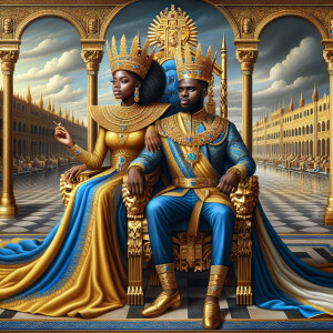 Create a 3-D realistic oil, painting of a African-American Royal...