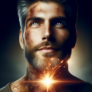 A person with visible scars or healing wounds, exuding a warm, r...