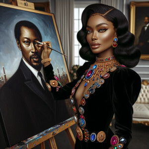 In a high-class, elegantly decorated studio, a very light-skinne...