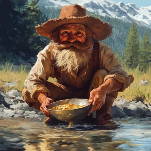 An okd prospectir with a bushy mustache panning for gold in a ri...