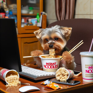 Yorkie is sitting at the table, staring at the computer screen a...
