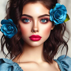 The image is a close-up portrait of a young woman's face. She ha...