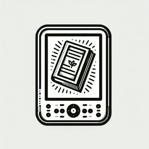A line drawing logo with a novel book on a kindle screen