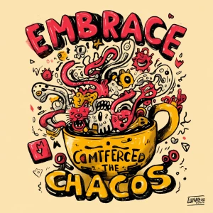 sticker design, hand-drawn coffee cup overflowing with swirling...