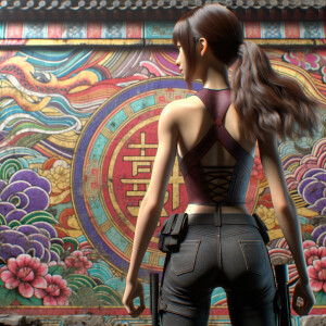 Athletic Thin skinny Attractive, Asian teenage girl, long brown hair and bangs, wearing tight skinny jeans and a halter top paint marks on her clothing, heroic pose Asian graffiti background, backside view