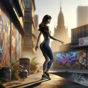 Athletic Thin skinny Attractive, Asian teenage girl, long brown hair and bangs, wearing tight skinny jeans and a halter top paint marks on her clothing, heroic pose Asian graffiti background, backside view