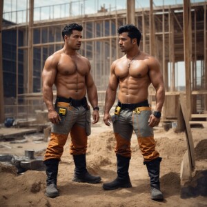Two muscle rugged gay men working in constructionon the construc...