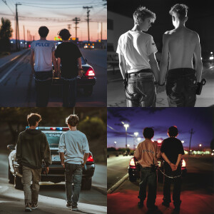 Two male caucasians teens walking to a police car with their han...