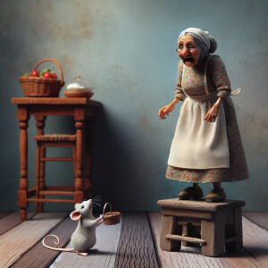 A whimsical look of an elderly woman wearing an apron standing o...