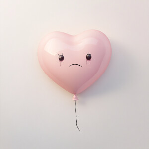 Create an image of a heart-shaped balloon with a sorrowful facia...