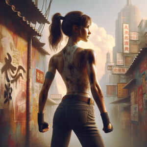 Athletic Thin skinny Attractive, Asian teenage girl, long brown hair and bangs, wearing tight skinny jeans and a halter top paint marks on her clothing, heroic pose Asian graffiti background, backside view