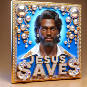 A 3D realistic artwork featuring the phrase 'Jesus Saves' adorne...