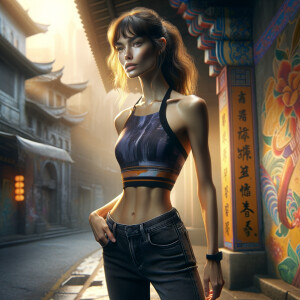 Athletic Thin skinny Attractive, Asian teenage girl, long brown hair and bangs, wearing tight skinny jeans and a halter top paint marks on her clothing, heroic pose Asian graffiti background, side view