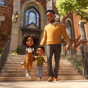 Create an animated Pixar image of a beautiful happy African American family walking up the steps of a church