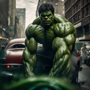 Create an image of the Incredible Hulk displaying his colossal s...