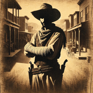 An old west cowboy standing in the middle of the road, six shoot...