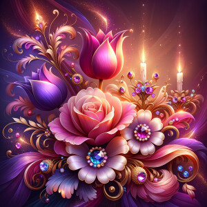 Create a vibrant digital artwork depicting a lush bouquet of sty...