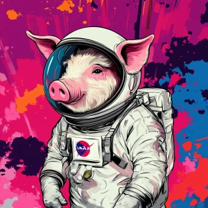 Cute cartoon pig in vintage white spacesuit and NASA style helme...
